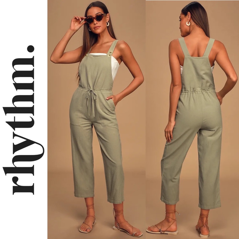 Verona Sage Green Drawstring Wide-Leg Overalls Jumpsuit by Rhythm